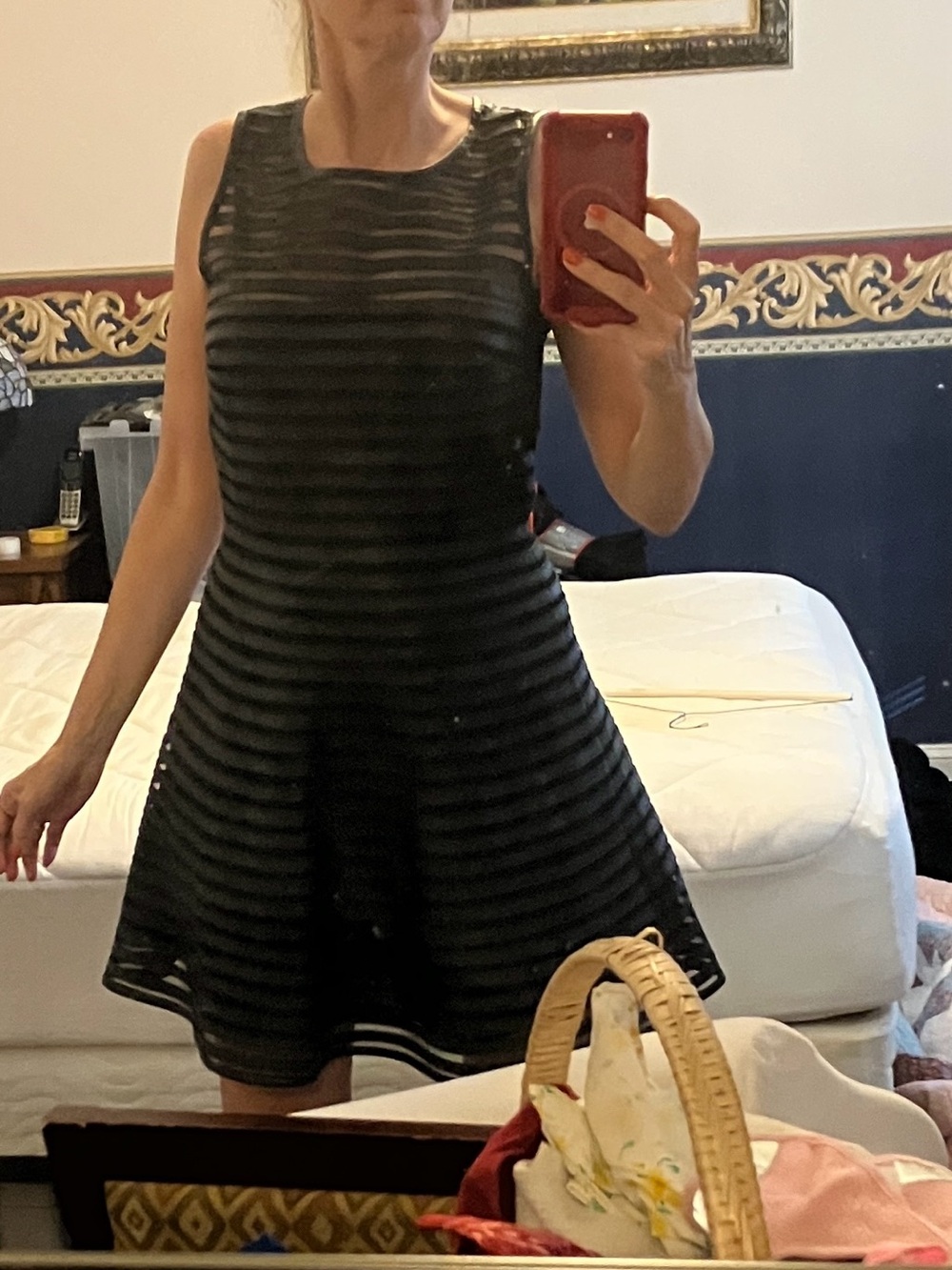 Parker Sleeveless Black Striped leather and sheer Fit & Flare Dress m goth urban